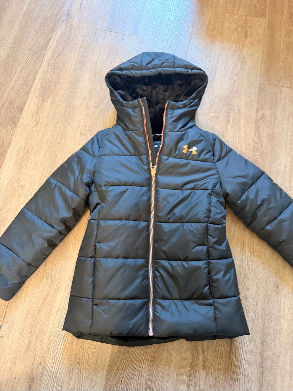 Under Armour Black Girls' Quilted Hooded Puffer Jacket with Gold Logo